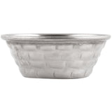 A small, silver stainless steel ramekin with a shallow depth and wide rim. The outer surface features a subtle, woven basket-like texture. Lightweight with a slightly matte finish, it's perfect for serving and is easy to clean.