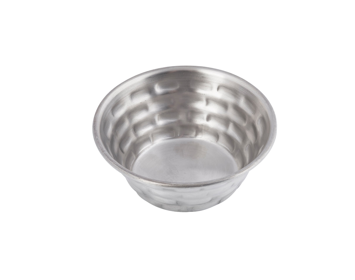 A round, empty Brickhouse Collection ramekin with a shiny, reflective surface and a textured, dimpled pattern on the sides sits against a plain white background—both stylish and dishwasher safe.