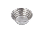 A round, empty Brickhouse Collection ramekin with a shiny, reflective surface and a textured, dimpled pattern on the sides sits against a plain white background—both stylish and dishwasher safe.