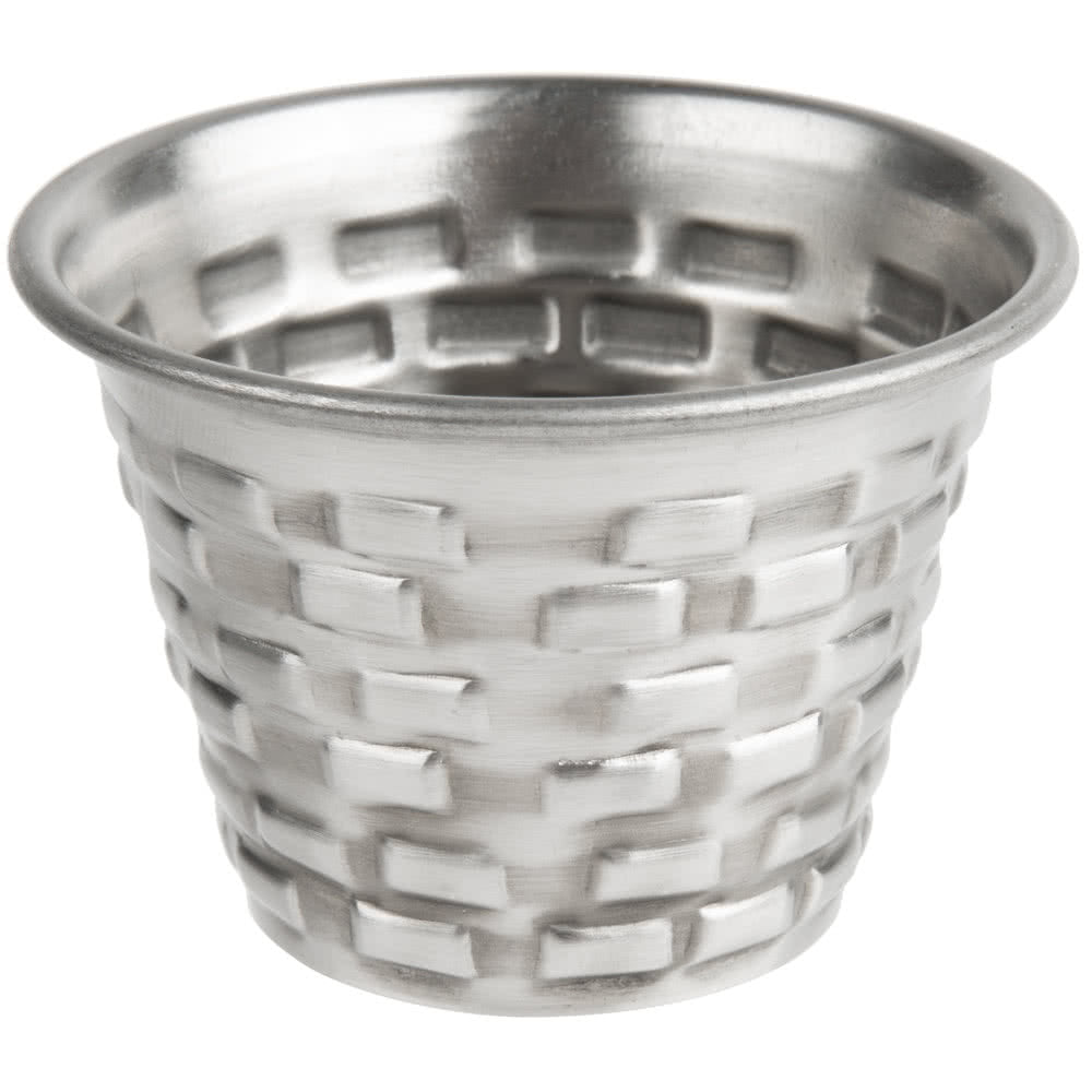 A small, round stainless steel ramekin with a flared rim and a textured, basket-weave pattern on the exterior. The matte surface has subtle highlights, and the cup appears empty—a stylish addition to any table.