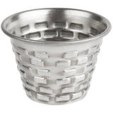 A small, round stainless steel ramekin with a flared rim and a textured, basket-weave pattern on the exterior. The matte surface has subtle highlights, and the cup appears empty—a stylish addition to any table.