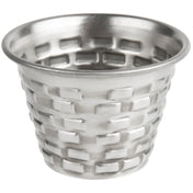 A small, round stainless steel ramekin with a flared rim and a textured, basket-weave pattern on the exterior. The matte surface has subtle highlights, and the cup appears empty—a stylish addition to any table.