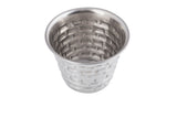 A silver stainless steel ramekin from the Brickhouse Collection features a woven, basket-like textured pattern. Viewed from above, its circular opening reveals a smooth, shiny finish inside and out on a white background.