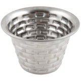 A small, round, silver stainless steel ramekin with a wide rim and a basket-weave textured pattern on the exterior. The bowl has a shiny finish, tapers slightly toward the base, and is perfect for serving sauces or condiments.