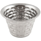 A small, round, silver stainless steel ramekin with a wide rim and a basket-weave textured pattern on the exterior. The bowl has a shiny finish, tapers slightly toward the base, and is perfect for serving sauces or condiments.