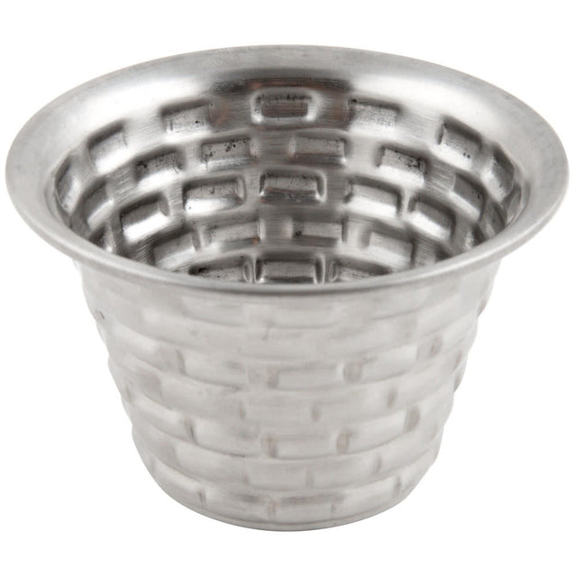 A small, round, silver stainless steel ramekin with a wide rim and a basket-weave textured pattern on the exterior. The bowl has a shiny finish, tapers slightly toward the base, and is perfect for serving sauces or condiments.
