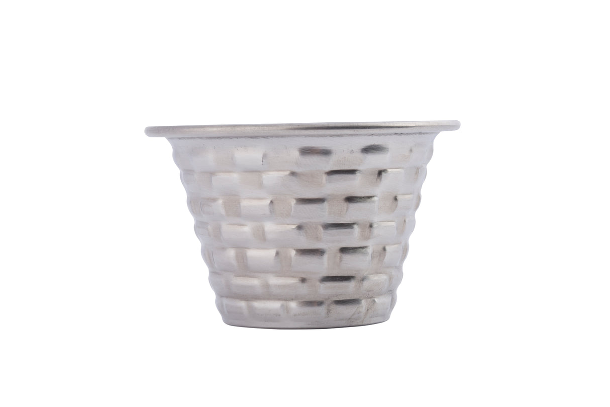 A silver stainless steel ramekin with a flared rim and a woven, basket-like textured pattern covers its surface. The cup is shown against a plain white background.