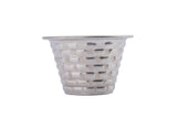 A silver stainless steel ramekin with a flared rim and a woven, basket-like textured pattern covers its surface. The cup is shown against a plain white background.