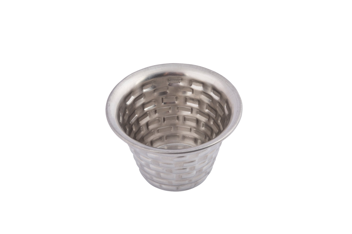 A stainless steel ramekin from the Brickhouse Collection with a woven basket-like pattern on its exterior, viewed from above. This 3 oz ramekin has a shiny metallic finish, a cylindrical shape, and sits against a plain white background.