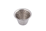 A stainless steel ramekin from the Brickhouse Collection with a woven basket-like pattern on its exterior, viewed from above. This 3 oz ramekin has a shiny metallic finish, a cylindrical shape, and sits against a plain white background.