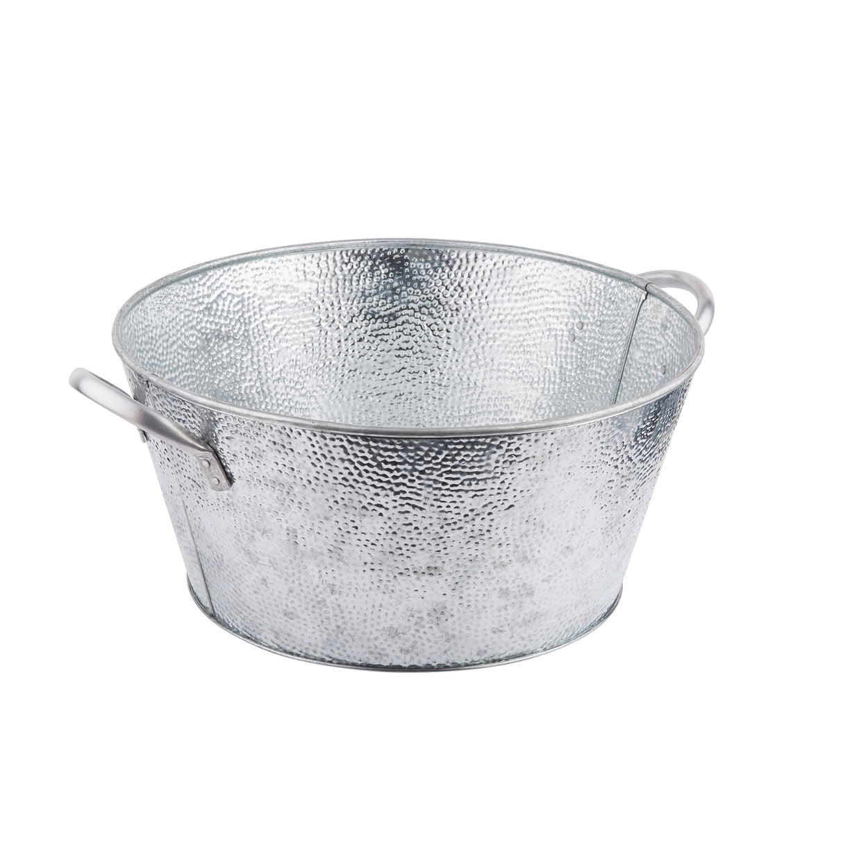 A round, silver galvanized steel beverage tub with a hammered texture, flared sides, and two small handles on opposite sides. The TableCraft bucket is empty and displayed against a white background.