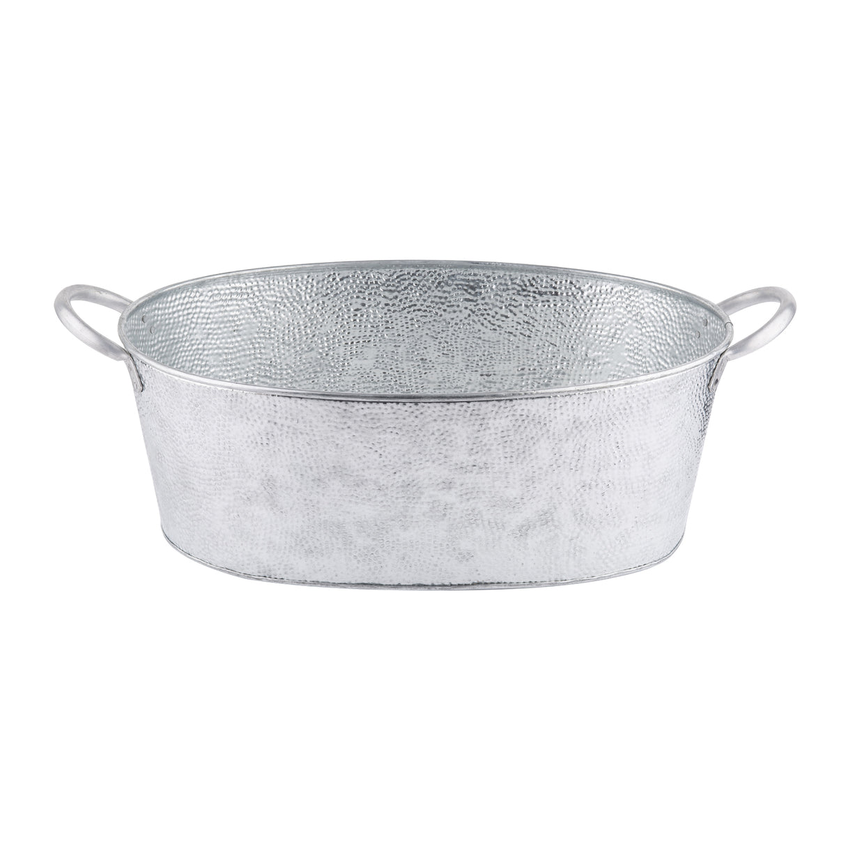 Oval-shaped, hammered silver galvanized beverage tub with two rounded handles on opposite sides. The tub features a textured surface and a shiny finish, displayed against a plain white background.