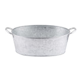 Oval-shaped, hammered silver galvanized beverage tub with two rounded handles on opposite sides. The tub features a textured surface and a shiny finish, displayed against a plain white background.