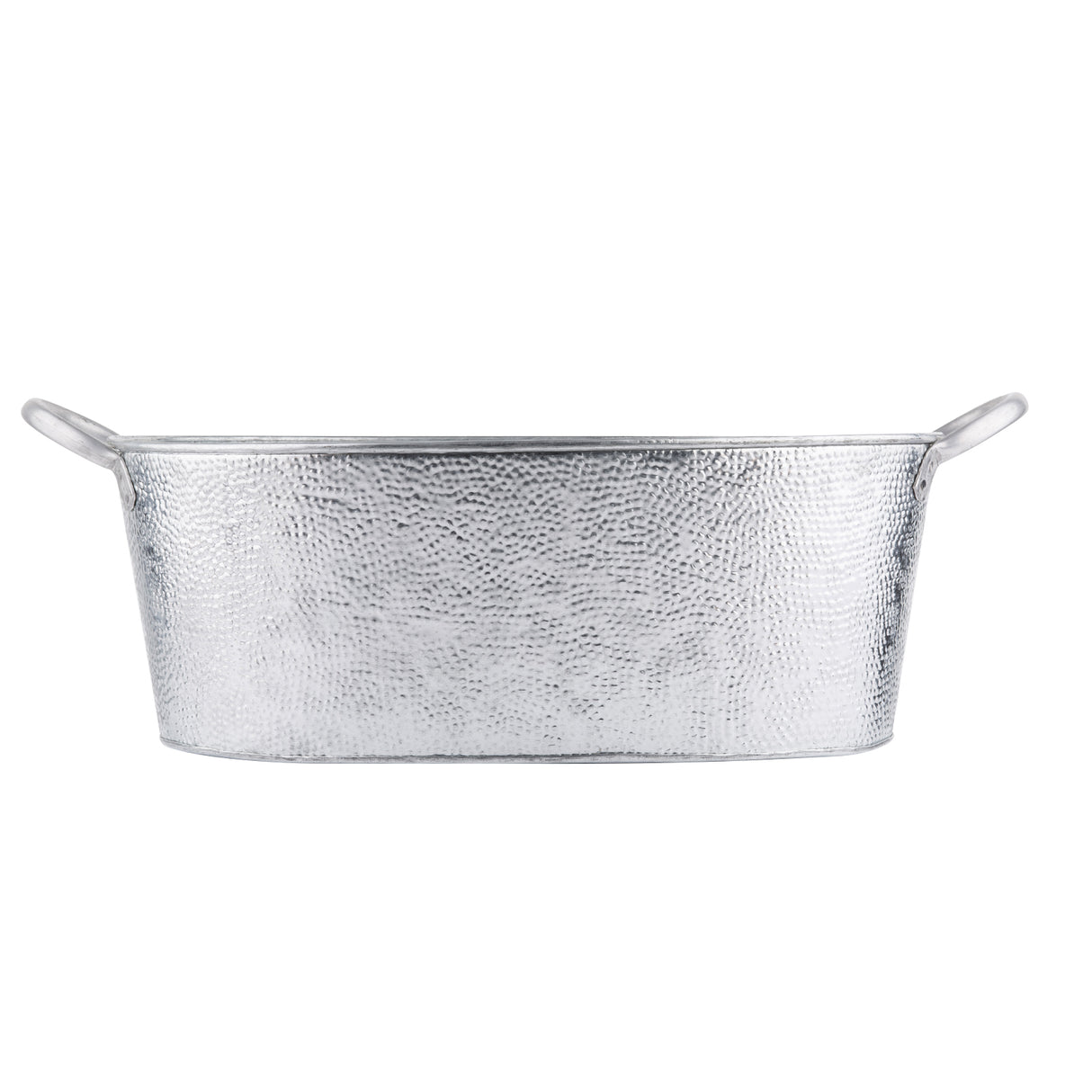 A shiny, rectangular hammered-metal tub with two round side handles. The silver Galvanized beverage tub has a textured, dimpled pattern, giving it a reflective appearance. The tub sits on a plain white background.