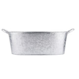 A shiny, rectangular hammered-metal tub with two round side handles. The silver Galvanized beverage tub has a textured, dimpled pattern, giving it a reflective appearance. The tub sits on a plain white background.