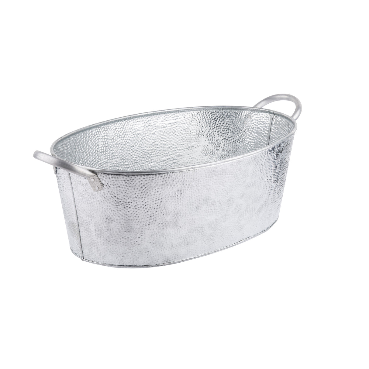 A shiny, oval-shaped galvanized steel beverage tub with a hammered texture and two handles on opposite sides. The silver TableCraft tub is set against a plain white background.
