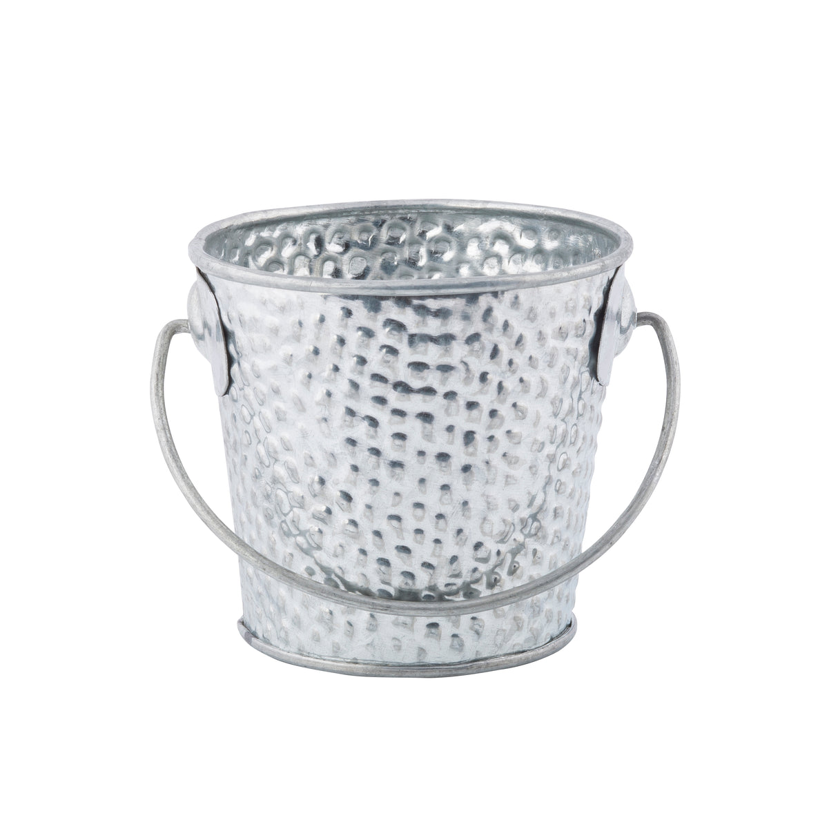 A small, round, silver galvanized pail with a textured, hammered surface and a curved handle attached at two sides. The bucket is empty and placed against a plain white background.