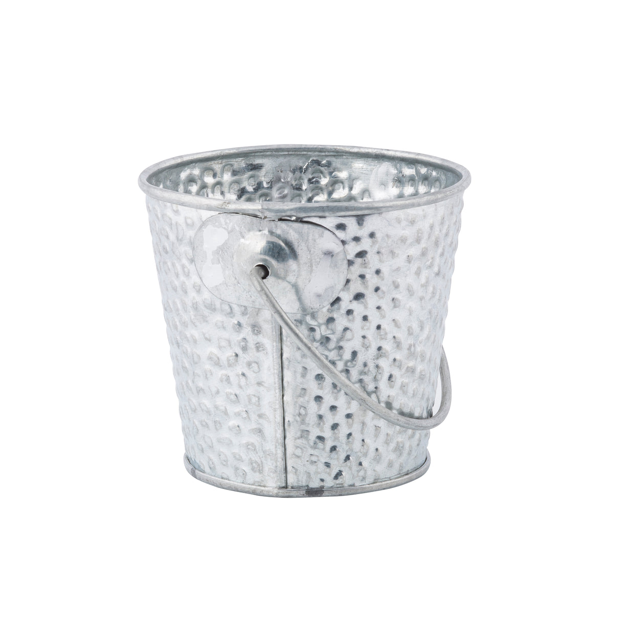 A small, round, silver galvanized pail with a hammered texture and a thin wire handle attached at the sides. The bucket is empty and displayed against a white background.