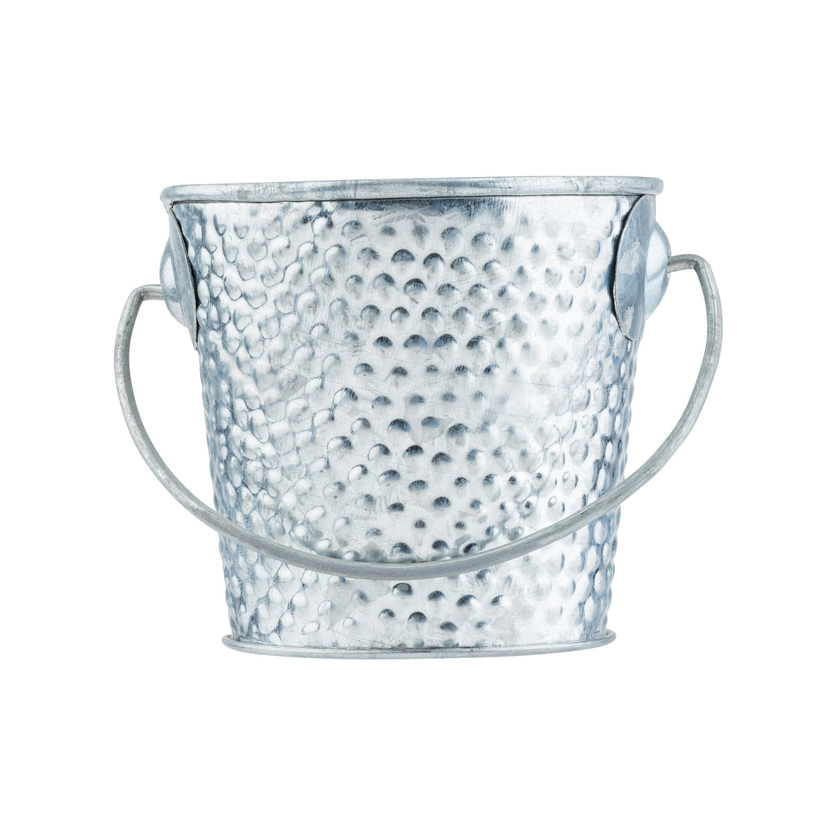 A small, metallic, hammered galvanized steel pail with a textured, dimpled surface and a curved handle, shown against a white background. The bucket appears empty and slightly reflective—ideal for TableCraft Products displays.