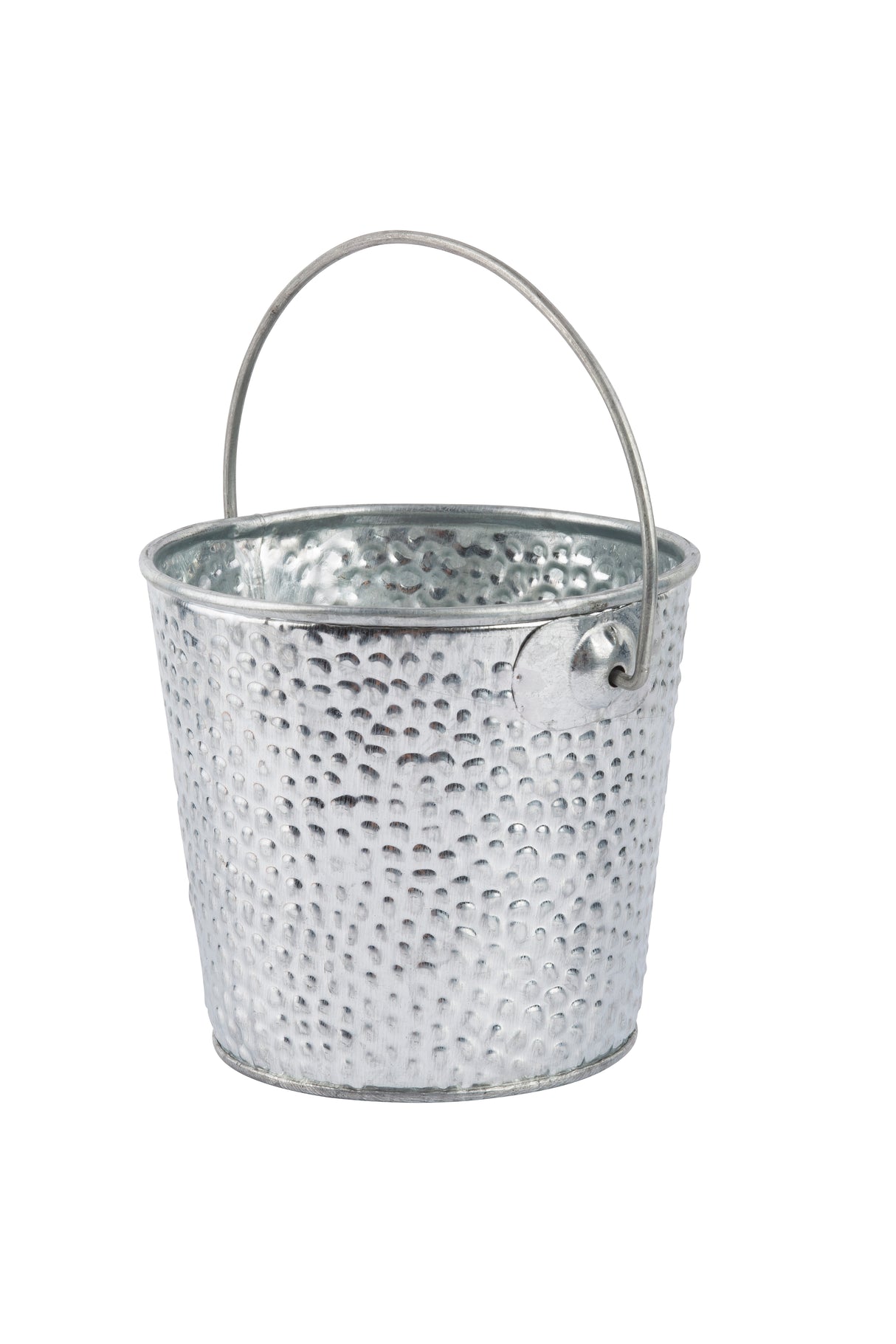 A small, round, silver TableCraft Products galvanized pail with a hammered texture. It has a thin arched handle attached near the top on each side. The galvanized steel bucket is empty and set against a plain white background.