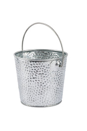 A small, round, silver TableCraft Products galvanized pail with a hammered texture. It has a thin arched handle attached near the top on each side. The galvanized steel bucket is empty and set against a plain white background.