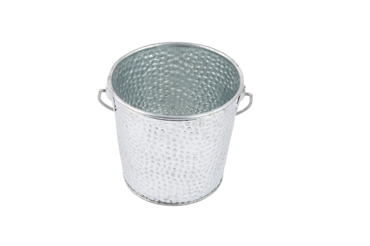 A silver, hammered galvanized pail made from galvanized steel with two small side handles is shown on a white background. This TableCraft Products bucket features a textured surface and appears empty, with its open top facing upward.