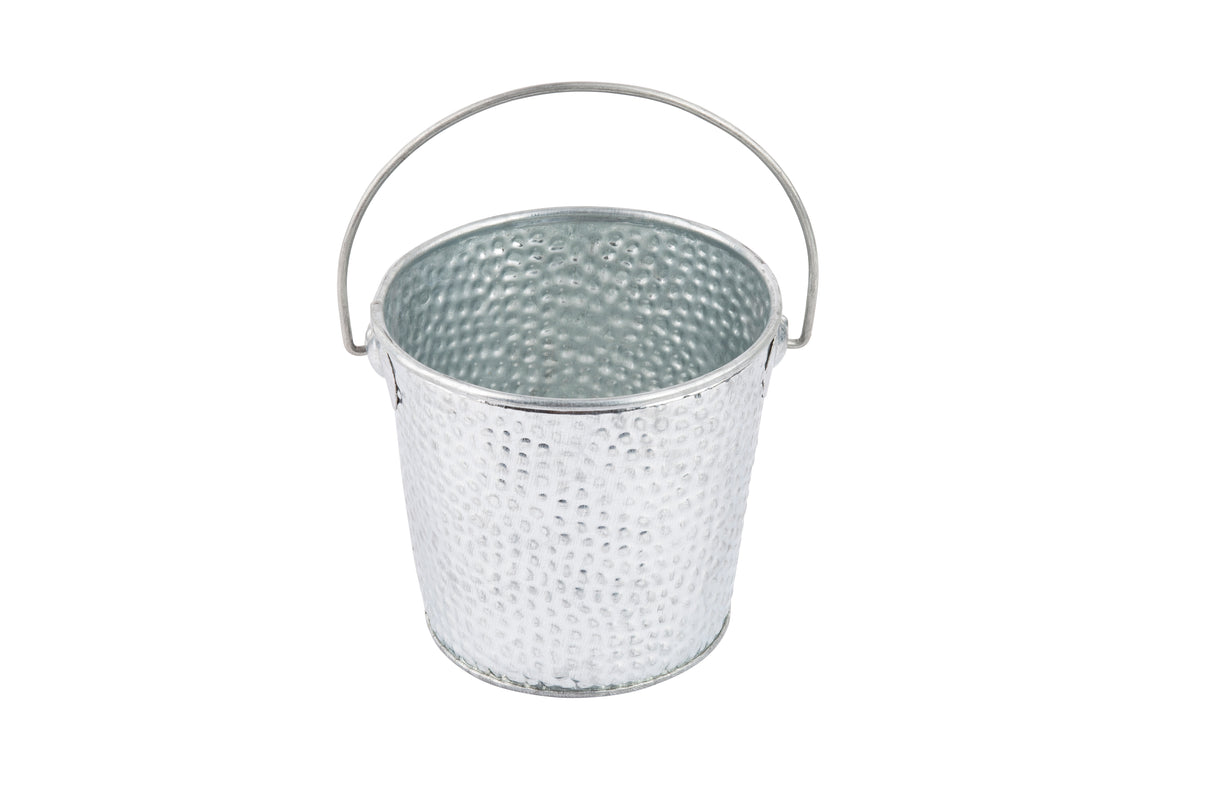 A small, empty galvanized steel pail with a hammered texture and a round handle, shown against a plain white background—perfect for adding rustic charm to your table or event.