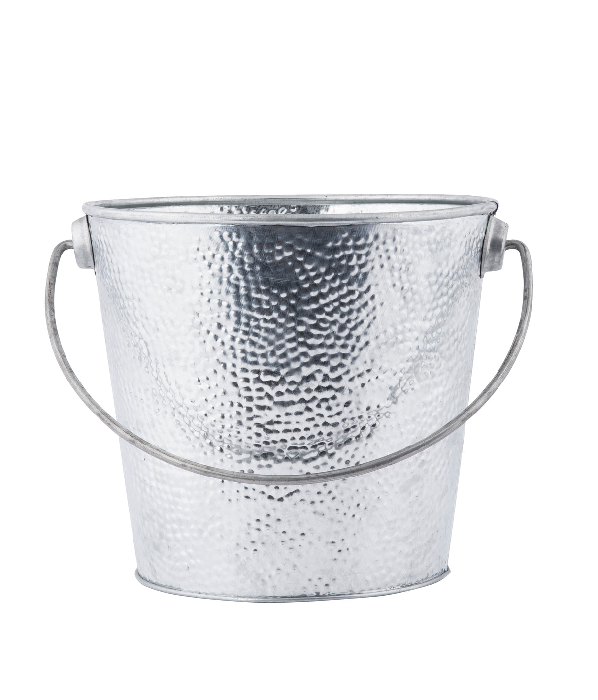 A silver, hammered steel bucket with a rounded base and curved handle attached at the sides. This galvanized pail is empty and shown against a plain white background.