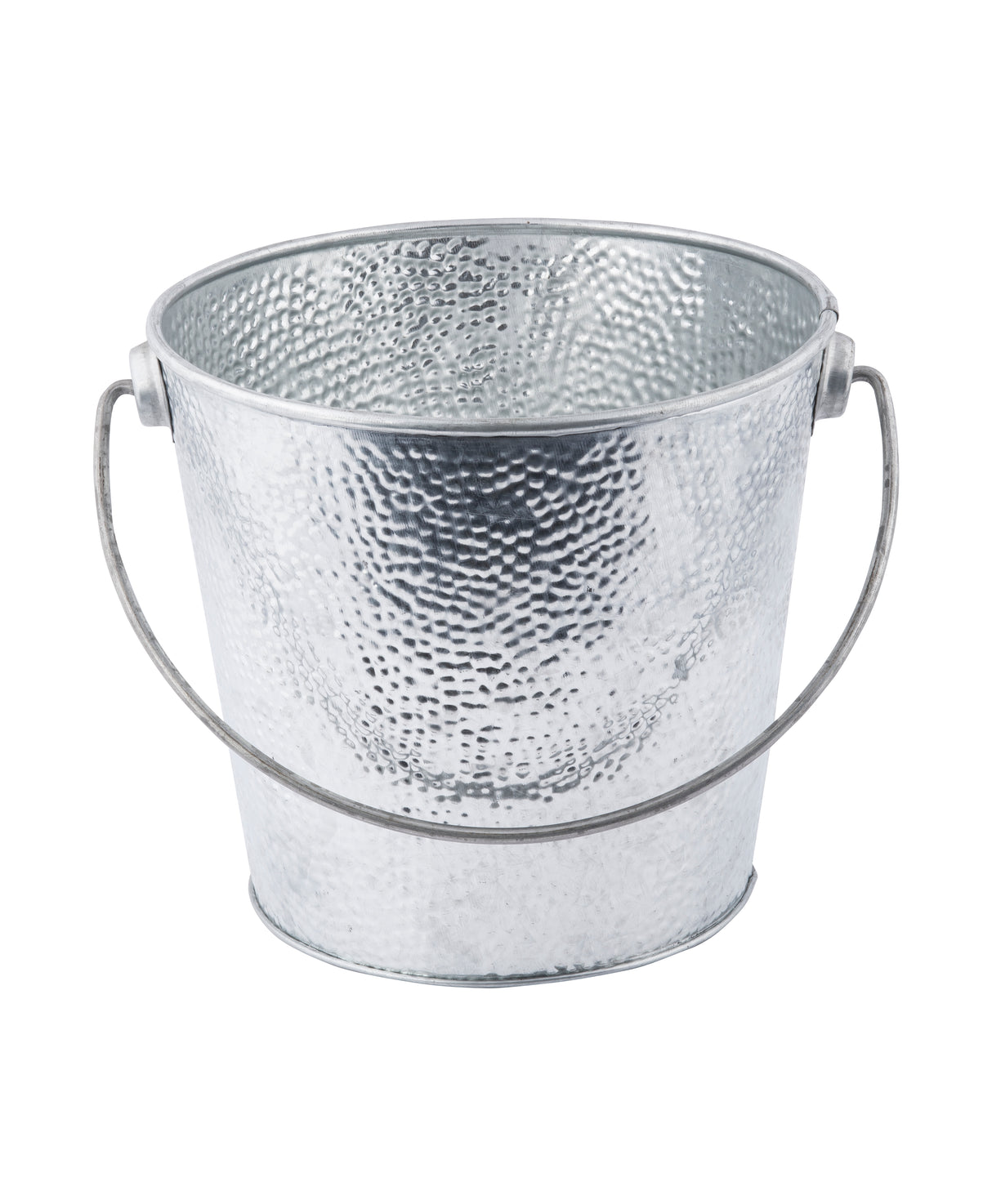 A silver, round galvanized pail with a hammered texture and a curved handle. The steel pail is empty and set against a plain white background.