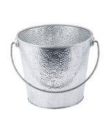A silver, round galvanized pail with a hammered texture and a curved handle. The steel pail is empty and set against a plain white background.
