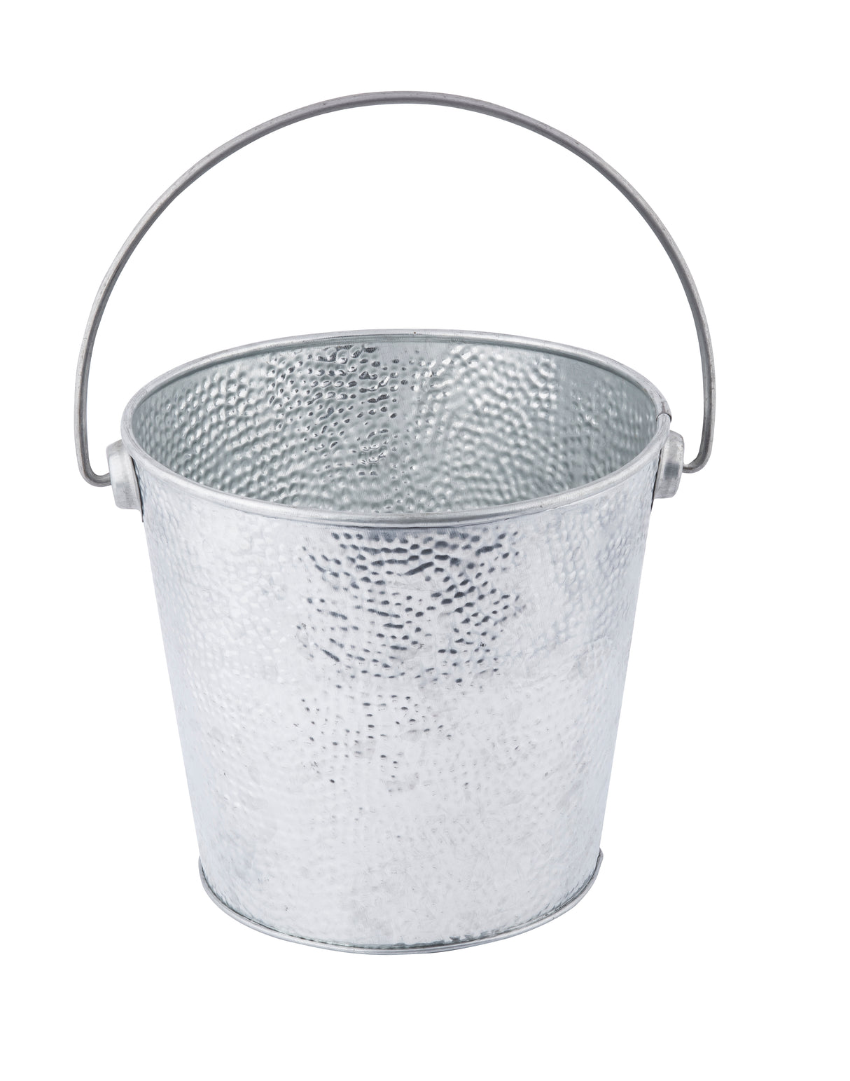A shiny, silver steel bucket with a textured, hammered surface and a thin, curved handle is shown against a plain white background. The cylindrical TableCraft GT87 galvanized pail is open at the top, with no visible contents inside.