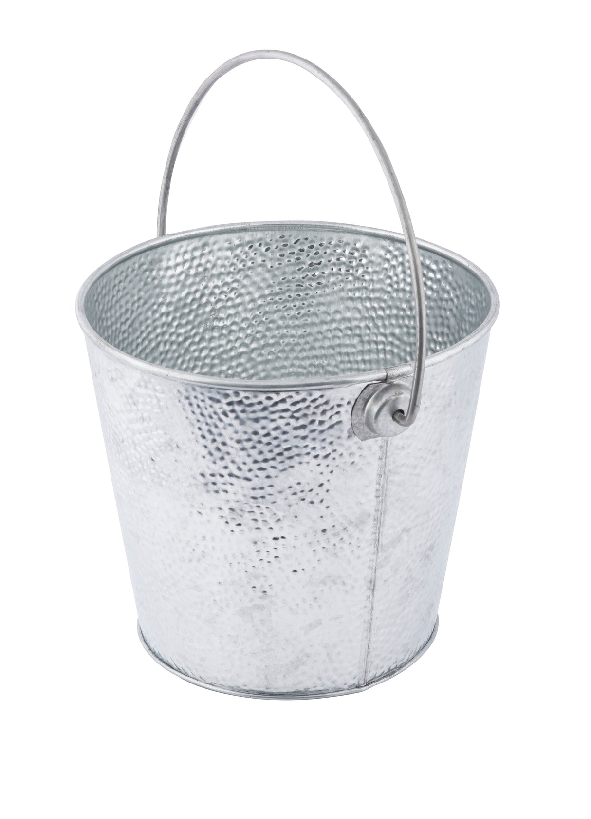 A small, empty, round TableCraft steel pail with a hammered texture and curved handles attached near the rim, isolated on a white background.