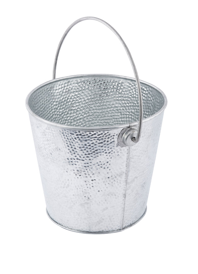 A small, empty, round TableCraft steel pail with a hammered texture and curved handles attached near the rim, isolated on a white background.