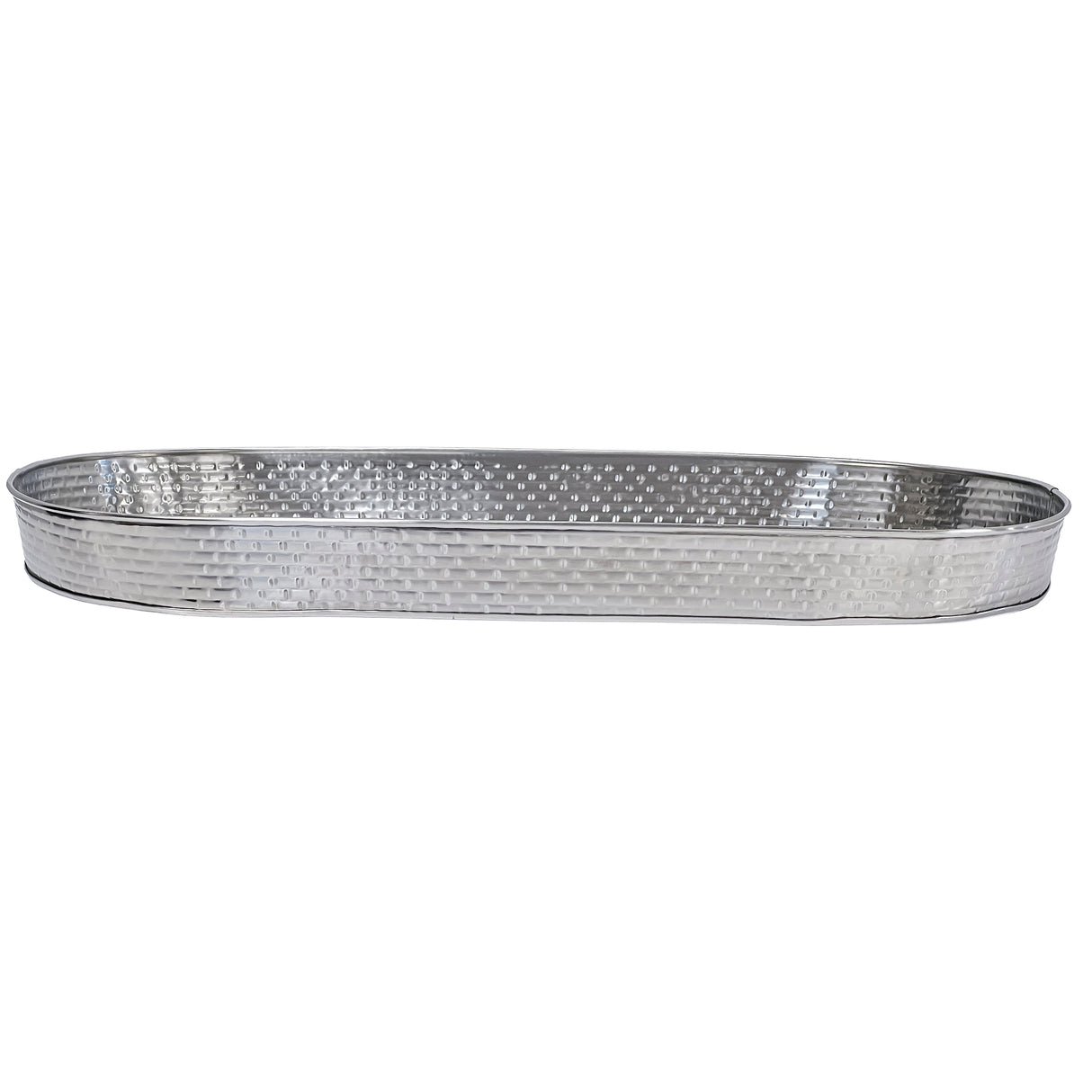 A long, oval-shaped, silver metal tray from the Brickhouse Collection with a slightly raised rim and hammered texture. This shiny replacement accessory tray features a reflective surface and is photographed empty against a white background.