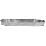 A long, oval-shaped, silver metal tray from the Brickhouse Collection with a slightly raised rim and hammered texture. This shiny replacement accessory tray features a reflective surface and is photographed empty against a white background.