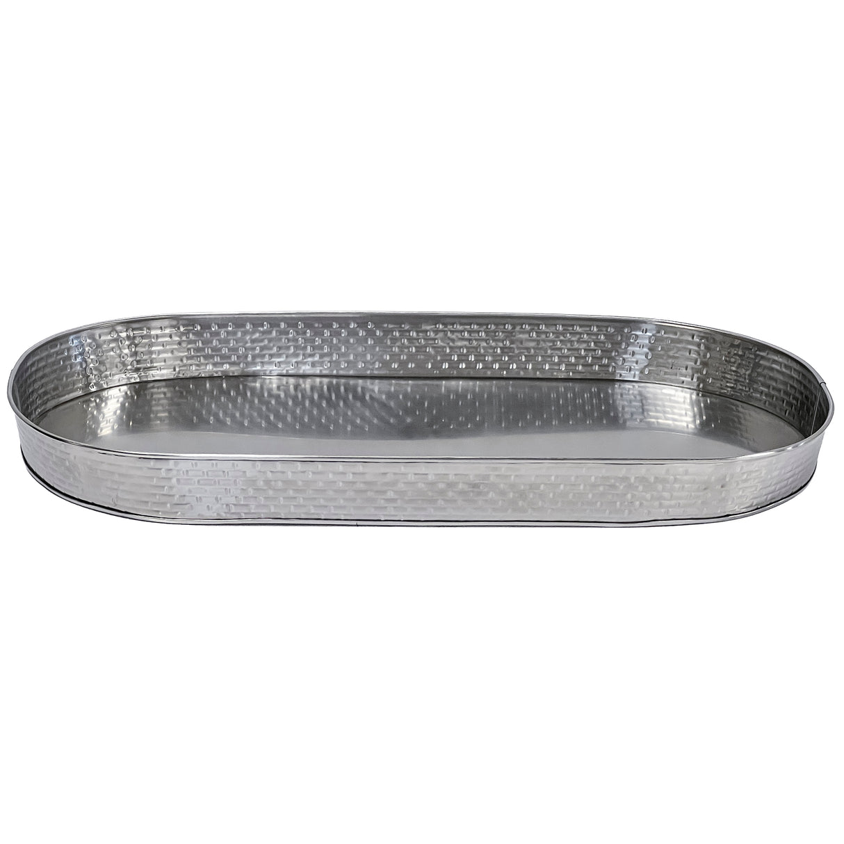 A shiny, oval-shaped metal accessory tray for beverage tub from the TableCraft GTSS2313AT Brickhouse Collection. With slightly raised, textured sides and a hammered pattern, it sits empty against a plain white background.