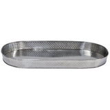 A shiny, oval-shaped metal accessory tray for beverage tub from the TableCraft GTSS2313AT Brickhouse Collection. With slightly raised, textured sides and a hammered pattern, it sits empty against a plain white background.
