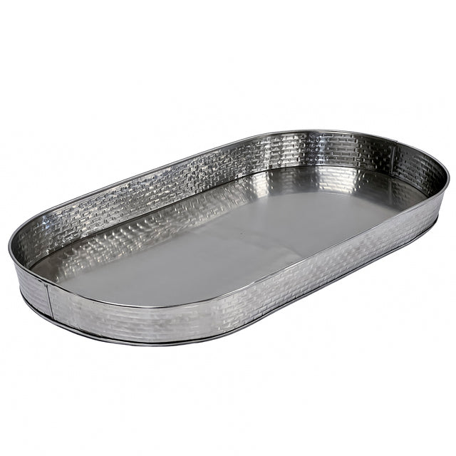 A shiny, rectangular metal tray from the Brickhouse Collection features rounded corners and a subtle hammered texture. This decorative replacement accessory tray has slightly raised edges and is set empty against a plain white background.