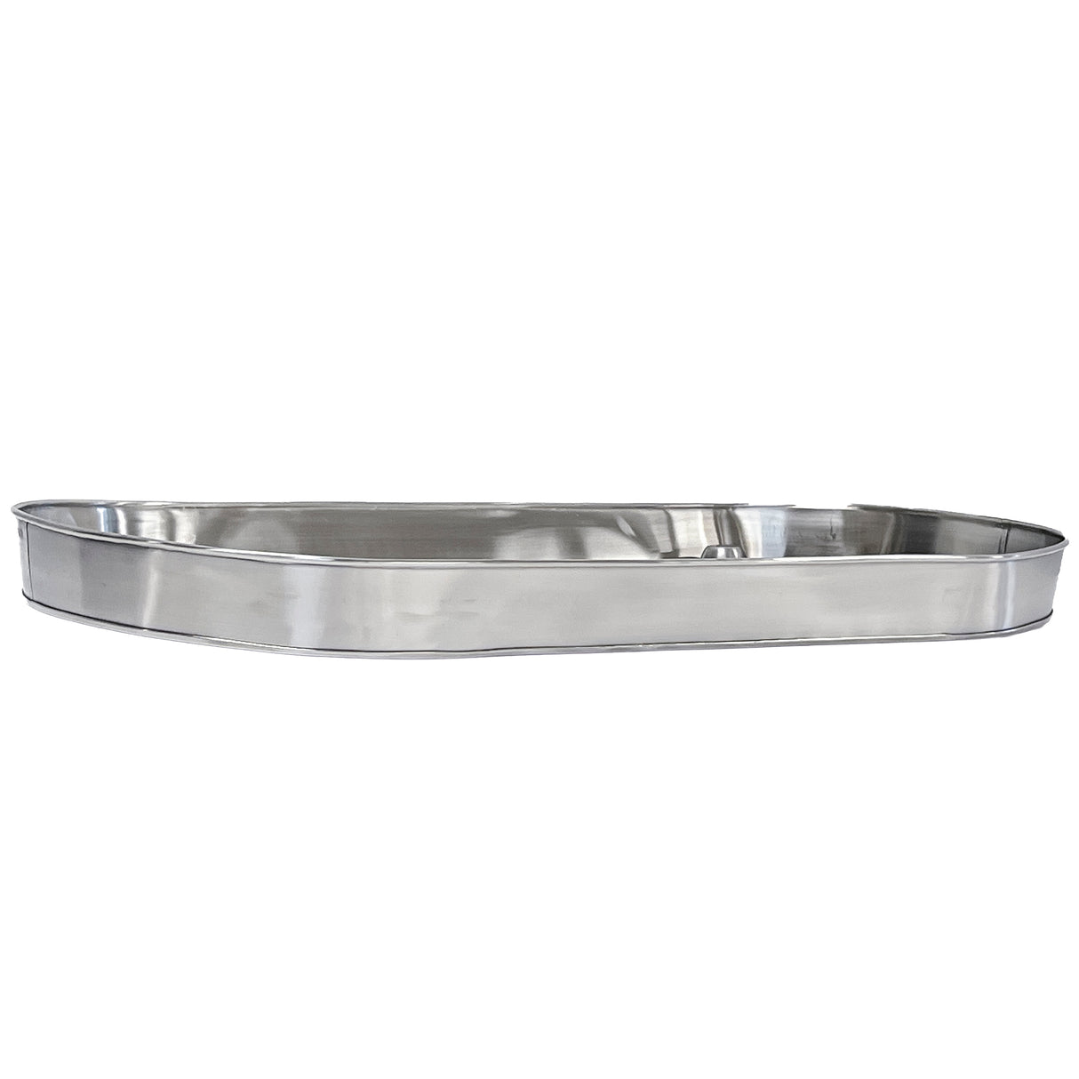 A shiny, oval-shaped stainless steel tray from the Brickhouse Collection with low, smooth sides and a slightly reflective surface, photographed against a plain white background. Ideal as a Replacement Condensation Tray for your beverage tub.