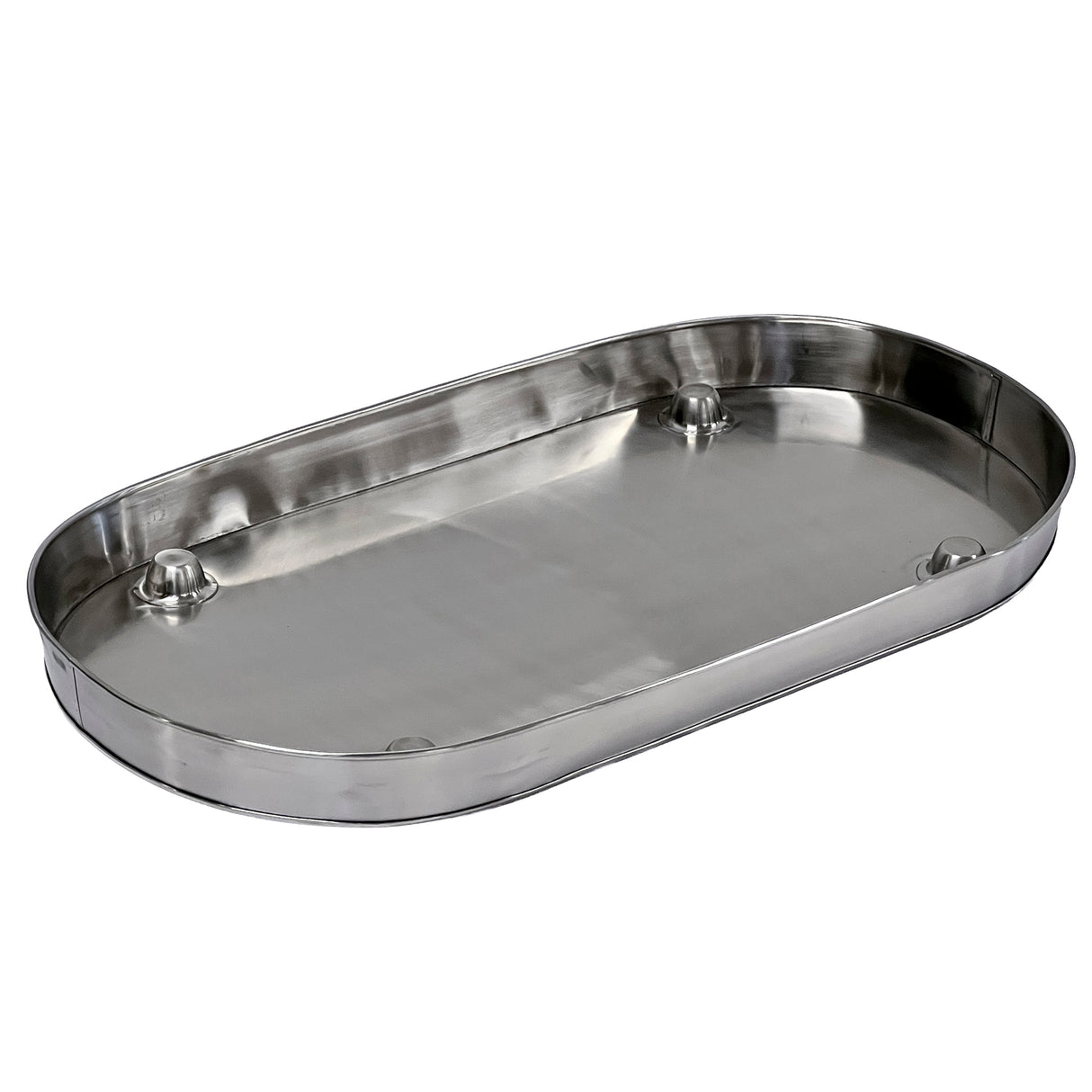 Shiny oval-shaped stainless steel Replacement Condensation Tray with a smooth surface, raised sides, and four rounded feet; the tray features a reflective finish and is part of the elegant Brickhouse Collection, set against a plain white background.