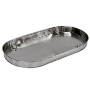 Shiny oval-shaped stainless steel Replacement Condensation Tray with a smooth surface, raised sides, and four rounded feet; the tray features a reflective finish and is part of the elegant Brickhouse Collection, set against a plain white background.