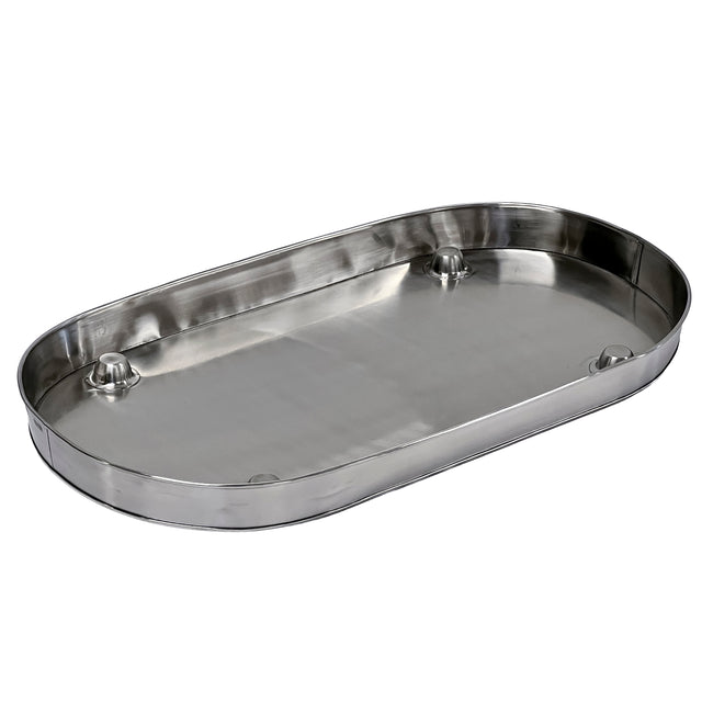 Shiny oval-shaped stainless steel Replacement Condensation Tray with a smooth surface, raised sides, and four rounded feet; the tray features a reflective finish and is part of the elegant Brickhouse Collection, set against a plain white background.
