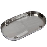 A shiny, oval-shaped stainless steel tray from the Brickhouse Collection features a smooth flat surface and raised rounded edges. Four small circular feet elevate this replacement condensation tray, which is empty and reflects light beautifully.