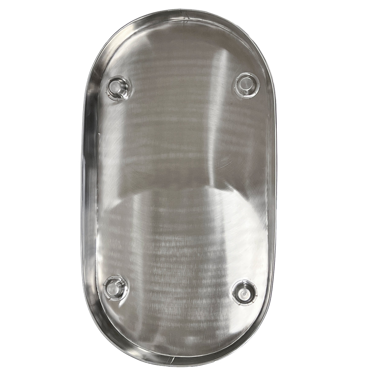 A shiny, oval-shaped stainless steel Replacement Condensation Tray from the Brickhouse Collection, featuring a slightly raised rim and four small, round protrusions near the edges. The brushed metal surface reflects light elegantly.