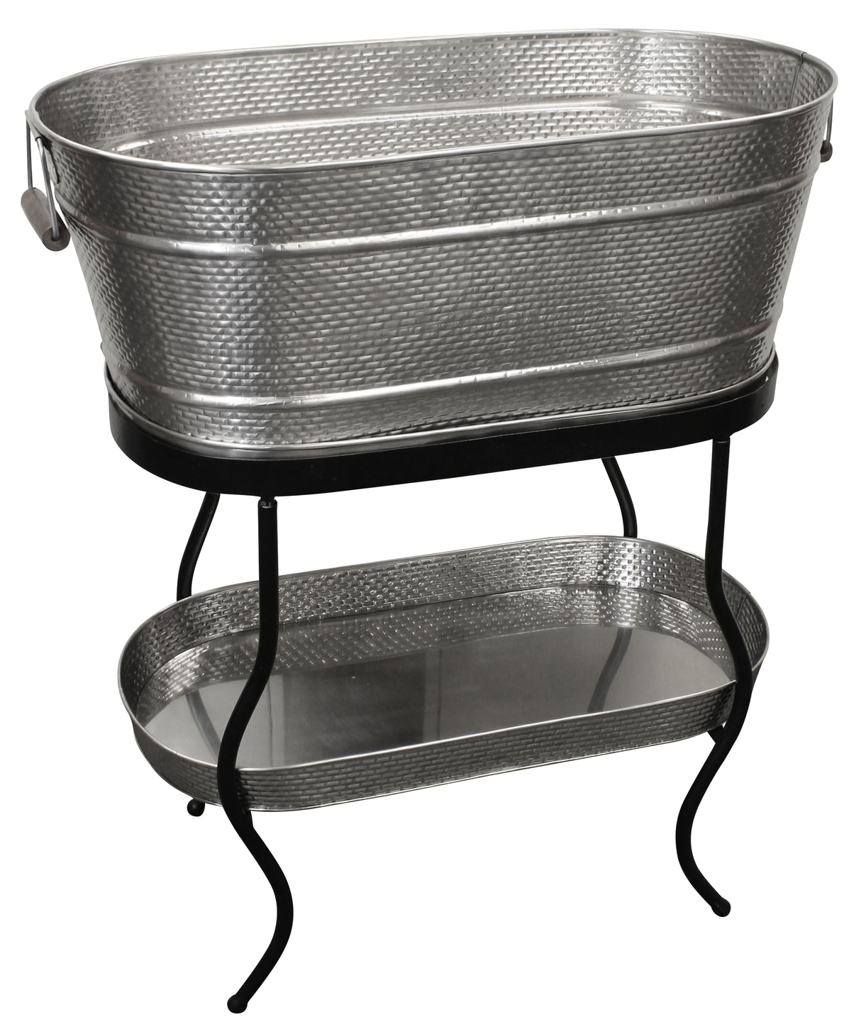 From the Brickhouse Collection by TableCraft Products, this Beverage Tub Set features a large, oval hammered metal tub with handles on a sturdy black stand. Below, a matching textured tray sits on the lower shelf for added style and function.