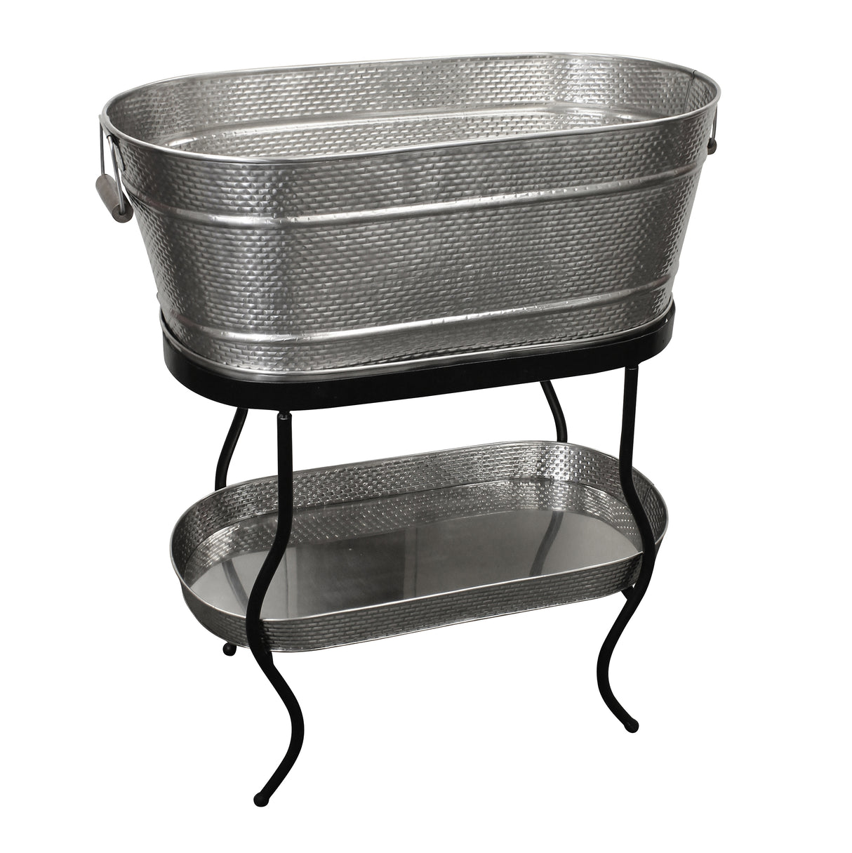 A large, oval-shaped, silver metal beverage tub with a hammered texture sits on a black TableCraft Products beverage tub stand. The stand features curved legs and supports a matching smaller tray below. The tub has a handle on one side.