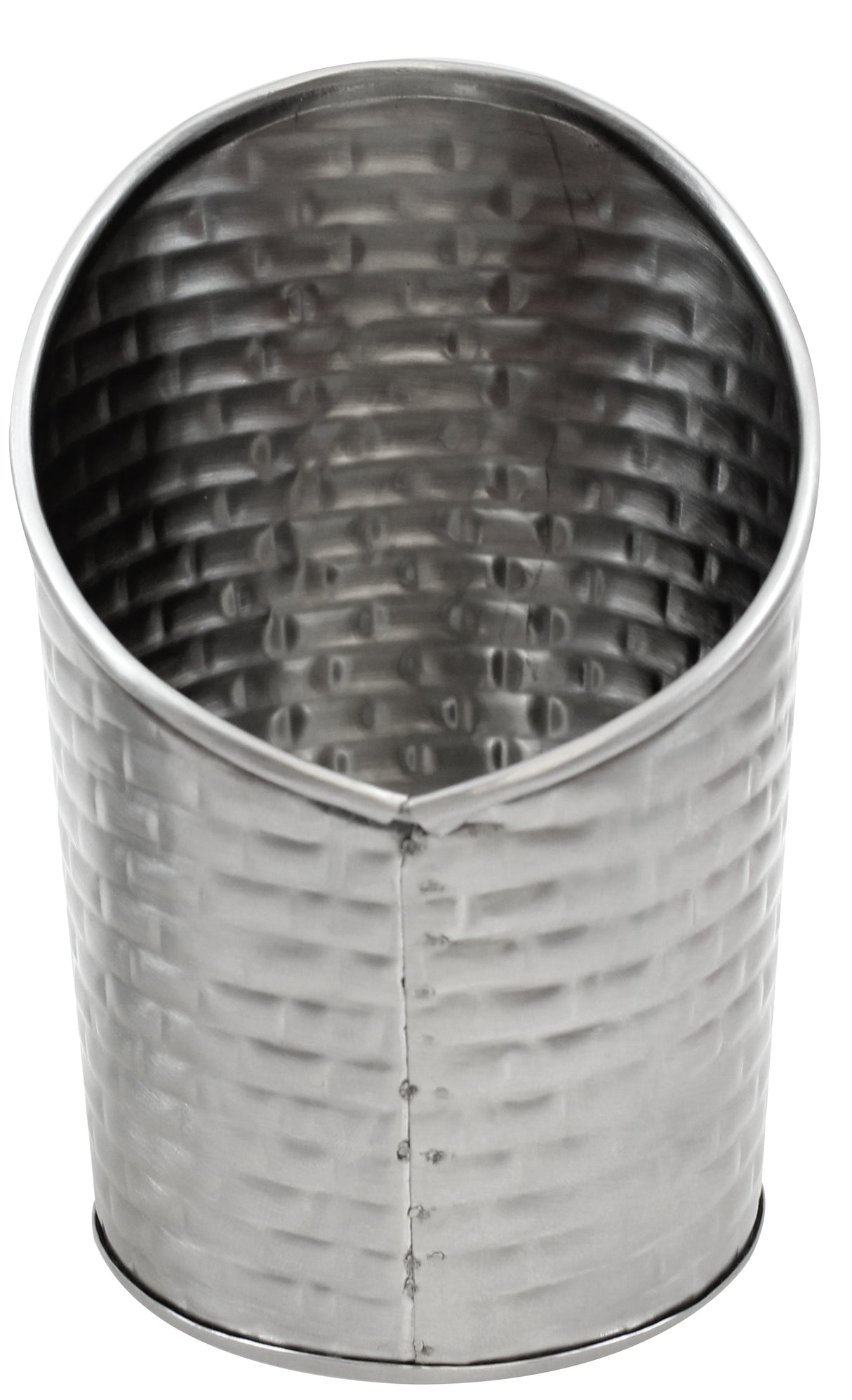 A stainless steel fry cup with a rounded, slightly oval shape and a cut-out slanted opening. The surface features a textured, woven pattern with a visible vertical seam, and it has a metallic silver finish.