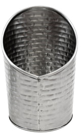 A stainless steel fry cup with a rounded, slightly oval shape and a cut-out slanted opening. The surface features a textured, woven pattern with a visible vertical seam, and it has a metallic silver finish.