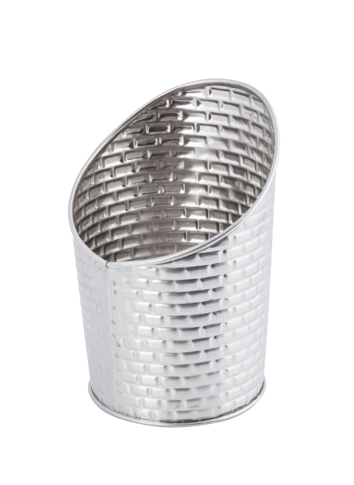 A silver stainless steel fry cup with a woven texture and a slanted, oval-shaped opening; the basket-like pattern covers both sides. The container, dishwasher safe for easy cleaning, sits on a white background.