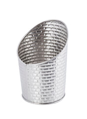 A silver stainless steel fry cup with a woven texture and a slanted, oval-shaped opening; the basket-like pattern covers both sides. The container, dishwasher safe for easy cleaning, sits on a white background.
